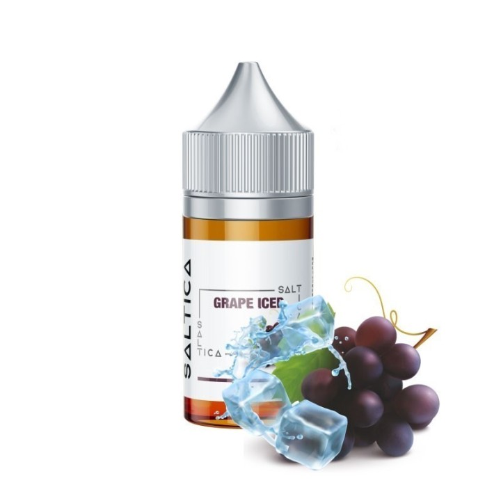 Saltica Grape Ice Salt Likit şişe, üzüm ve buz efektli e-likit ambalajı.
