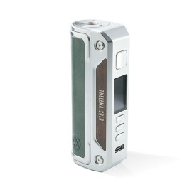 Lost Vape Thelema Solo 100W mod, gümüş gövde, yeşil deri ve ahşap detaylı.