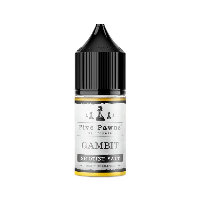 Five Pawns Gambit Salt Likit, 30ml, siyah kapaklı, nikotin tuzlu e-likit şişesi.