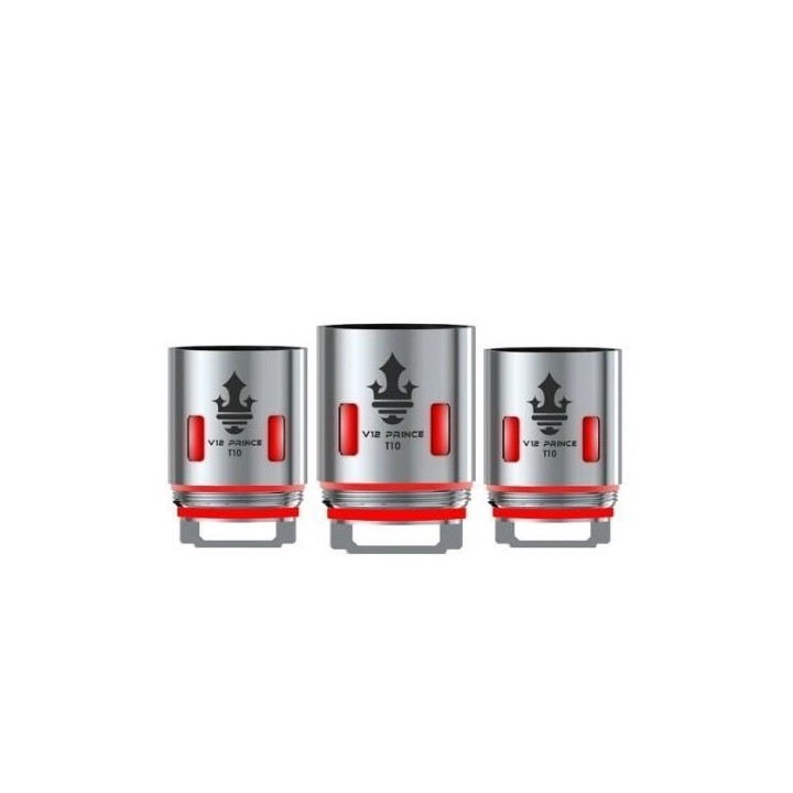 Smok TFV12 V12 Prince T10 Coil yedek parça, metalik gri ve kırmızı detaylı.