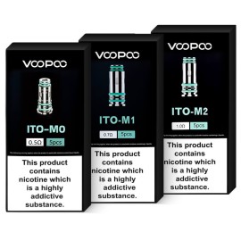 Voopoo ITO Coil çeşitleri (M0, M1, M2) 5'li paket, farklı Ohm değerleri.