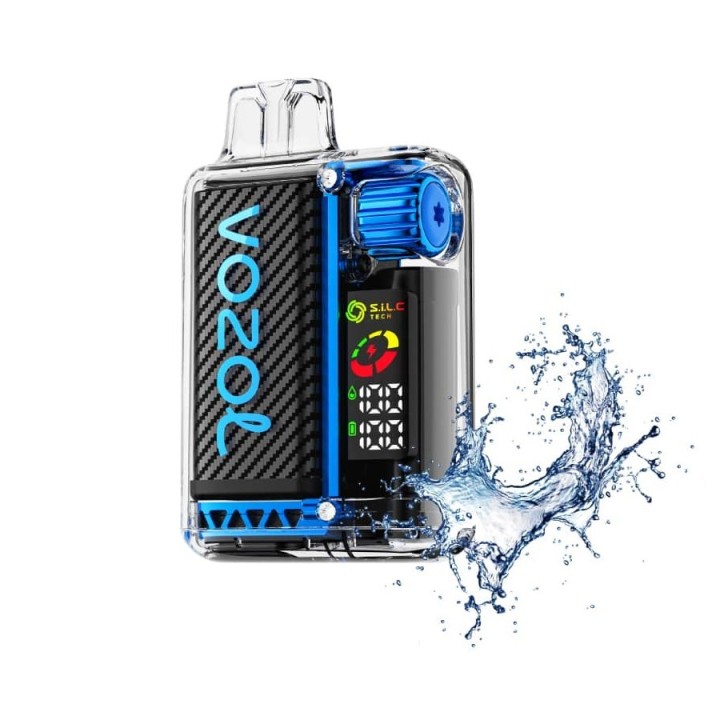 Vozol Vista 20000 Kullan At, şeffaf gövdeli mavi detaylı dijital ekranlı elektronik sigara.