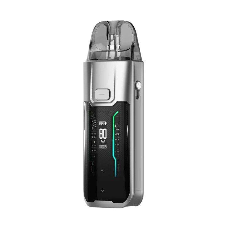 Vaporesso Luxe XR Max Pod Mod gümüş renkli, dijital ekranlı elektronik sigara.