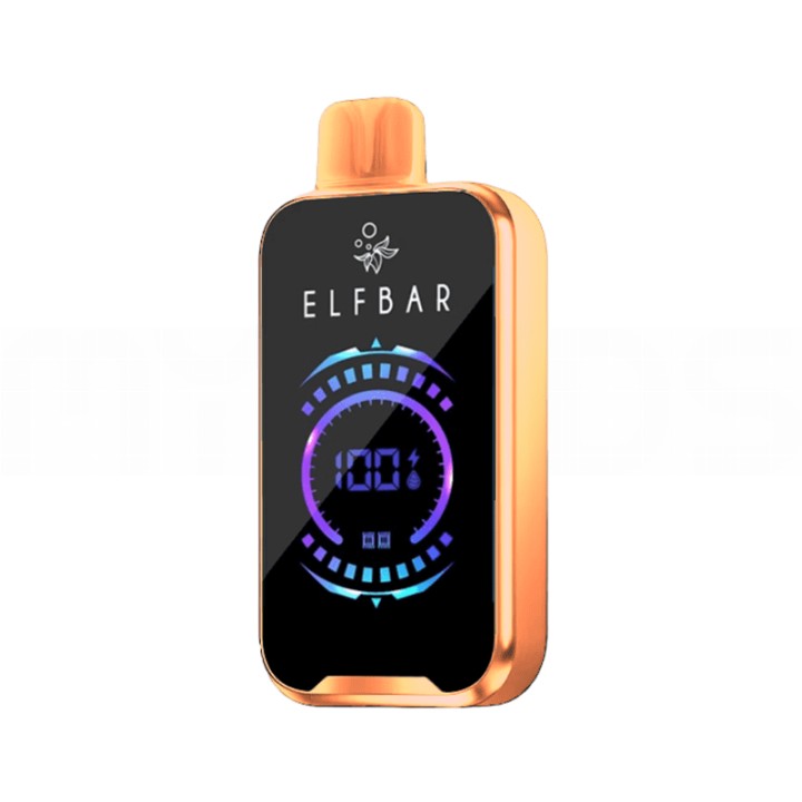 Elf Bar Raya D2 20000 Kullan At, altın renkli, dijital ekranlı elektronik sigara.