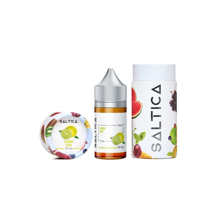 Saltica Lemon Lime Salt Likit şişesi ve kutusu, meyve görselli