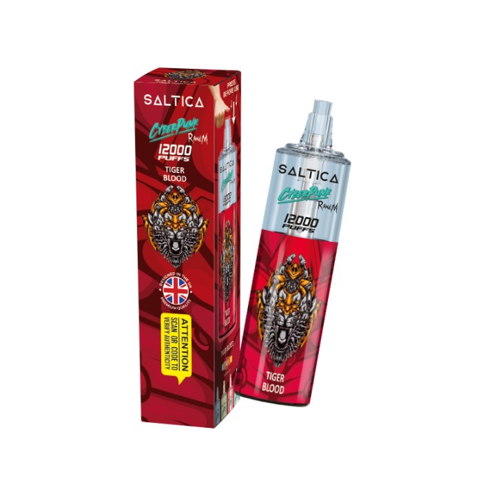 Saltica Cyberpunk 12000 Tiger Blood kullan at, kırmızı ambalajlı elektronik sigara.