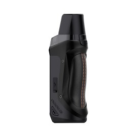 Siyah GeekVape Aegis Boost LE Pod Mod turuncu dikişli deri kaplama.