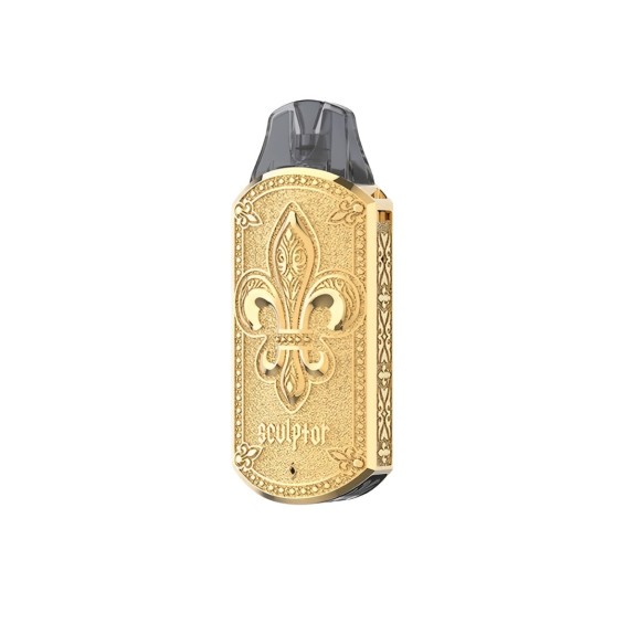 Uwell Sculptor Pod Mod altın renkli, oymalı (Fleur-de-lis) tasarımlı elektronik sigara.
