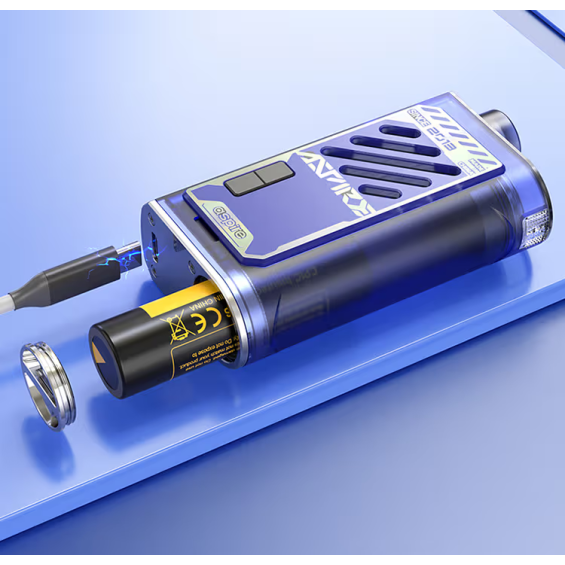 Aspire Cloudflask X Pod Mod mavi, şarj olurken pil takılı görünümü.