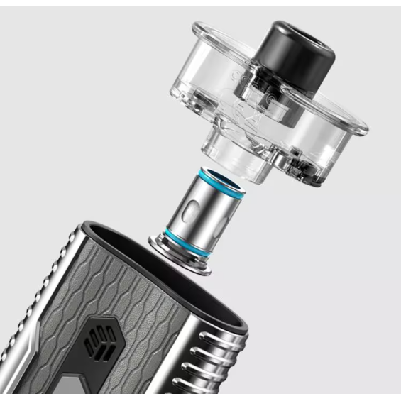 Aspire Cloudflask III Pod Mod coil ve tank montaj detayı, gümüş/gri gövde.