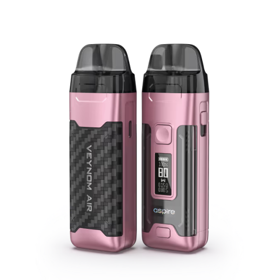 Aspire Veynom Air Pod Mod pembe renkli, karbon desenli, dijital ekranlı.