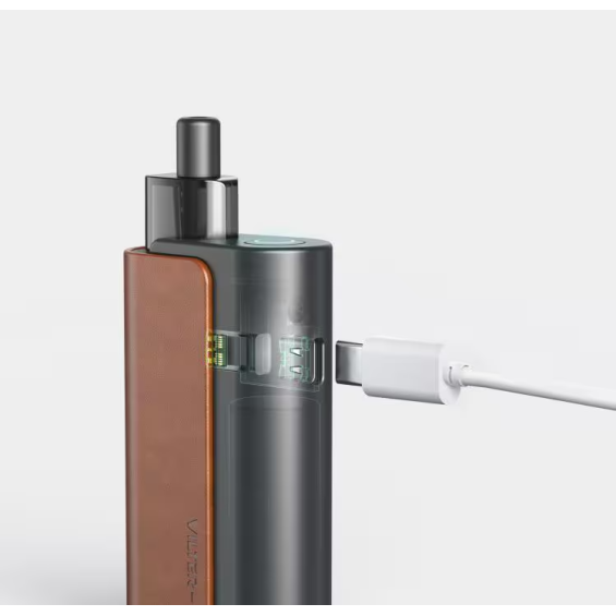 Aspire Vilter Power Bank şarj olurken yakın çekim, kahverengi detaylı.