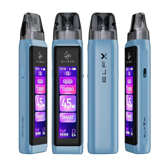 Mavi Elf Bar ELFX Ultra Pod Mod, 45W, Turbo/Smart modlu, dijital ekranlı.