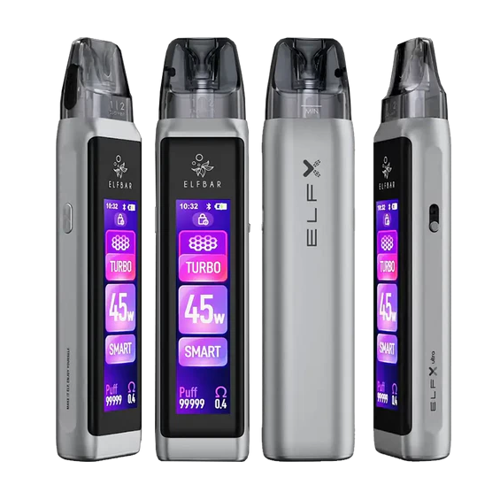 Gümüş Elf Bar ELFX Ultra Pod Mod, 45W ekranlı, yeniden doldurulabilir vape.