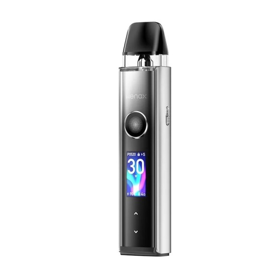 Geek Vape Wenax Q Pro Pod Kit Mod Gümüş renkli, dijital ekranlı elektronik sigara.