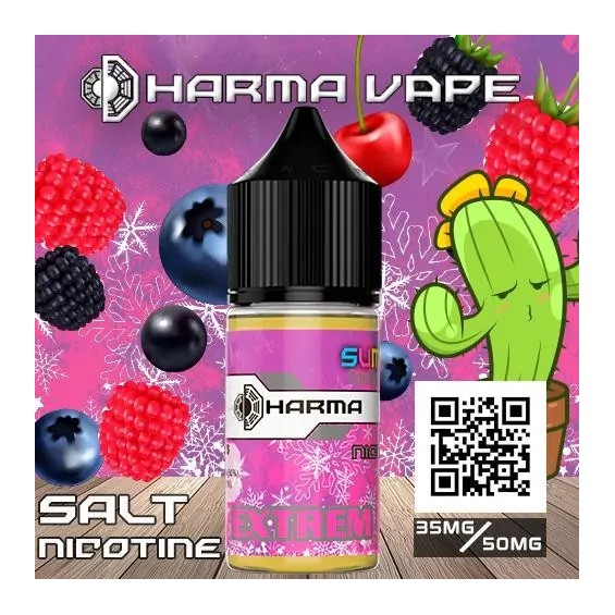 Dharma Extrem Salt Likit, karışık orman meyveli, pembe etiketli e-likit şişesi.