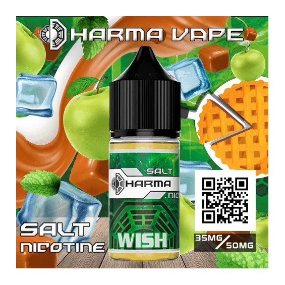 Dharma Wish Salt Likit şişesi, yeşil elma, karamel ve buzlu nane aromalıdır.