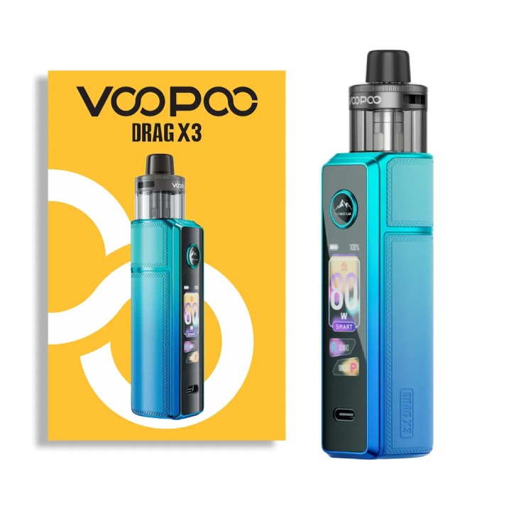 Voopoo Drag X3 Pod Mod mavi renkli, kutusuyla birlikte tam set.